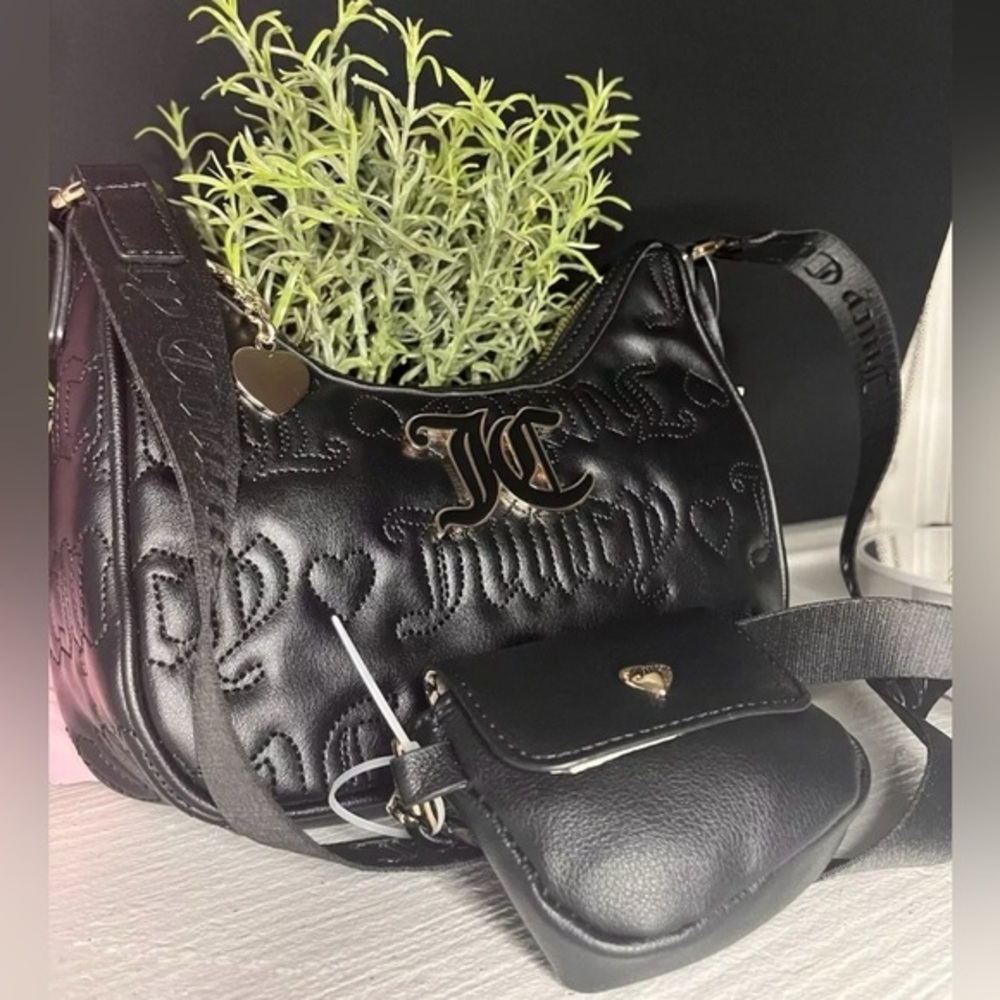 Juicy Couture League Embossed Hobo Crossbody Bag Black w Pouch & Charm NWT